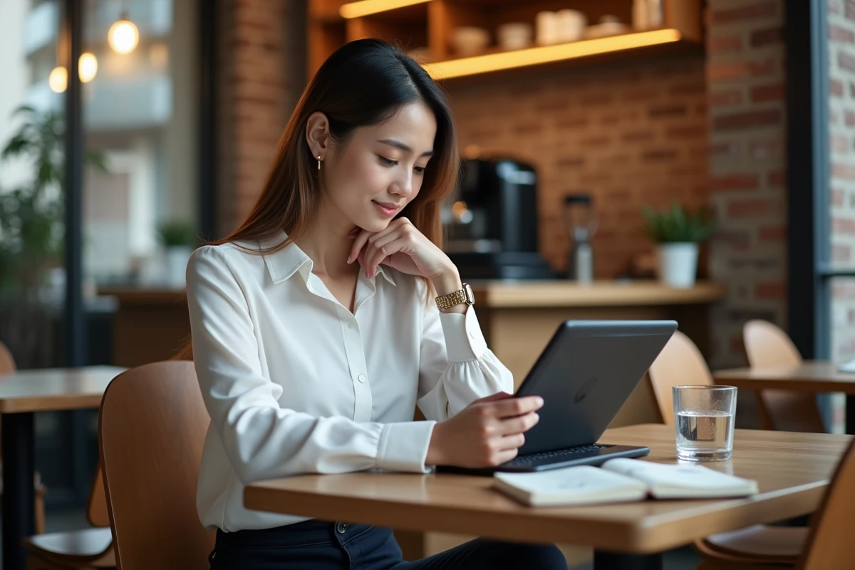 Jeune femme consultant son espace Arkevia sur une tablette dans un café urbain