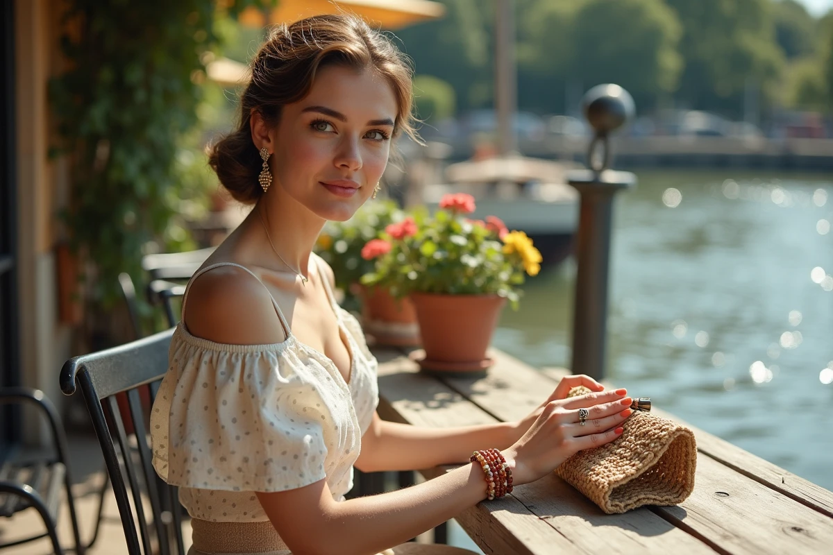 Femme assise en terrasse guinguette avec accessoires vintage bracelets perles et pochette tressée