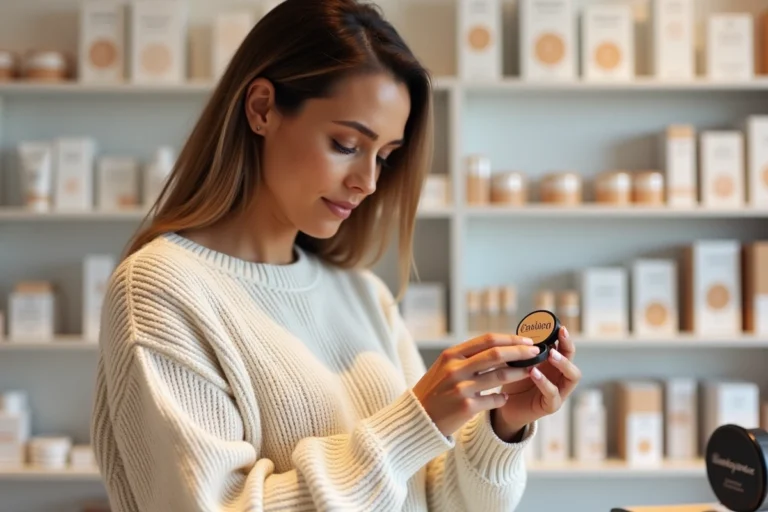 Femme examinant un embellisseur de teint au comptoir d'une pharmacie moderne en France