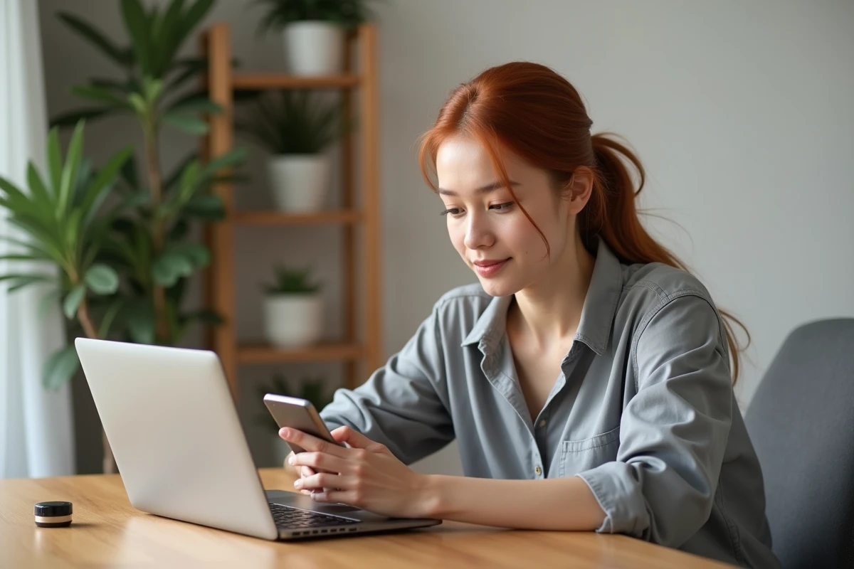 Femme achetant un embellisseur de teint en ligne depuis son domicile sur un site de beauté