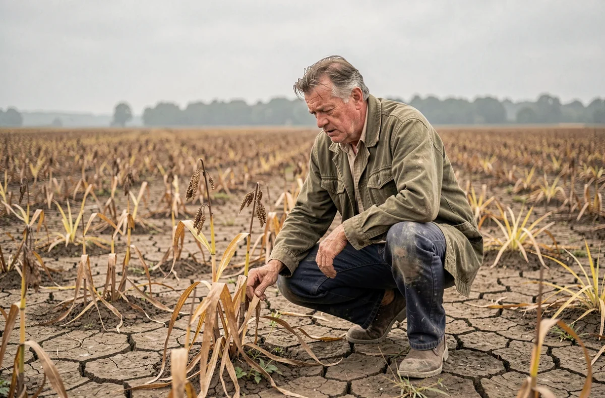 Agriculteur français inspectant des cultures endommagées par la sécheresse dans un champ aride, symbole de la menace sur la production alimentaire