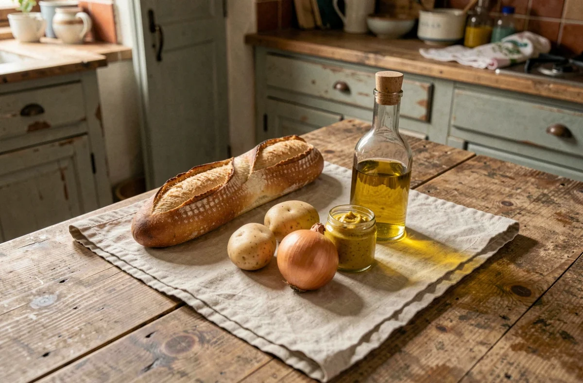 Aliments du quotidien disposés en petite quantité sur une table rustique, évoquant la sobriété alimentaire et le risque de pénurie en France