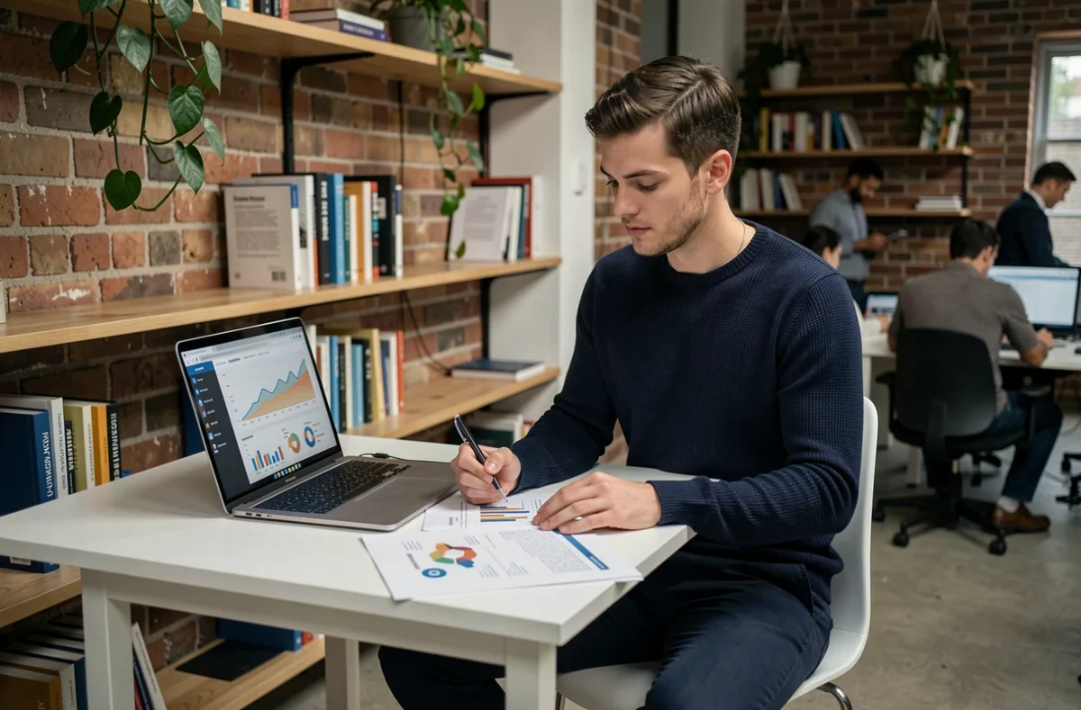 Jeune professionnel analysant un rapport d'évaluation de culture d'entreprise dans un espace de coworking moderne, dans le cadre d'une démarche de développement organisationnel