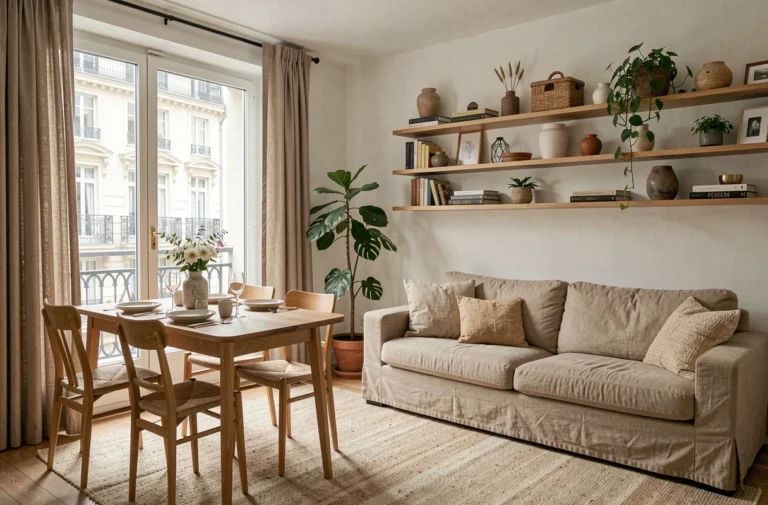 Intérieur d'un appartement meublé bien aménagé à Lyon avec table en chêne et canapé en lin beige