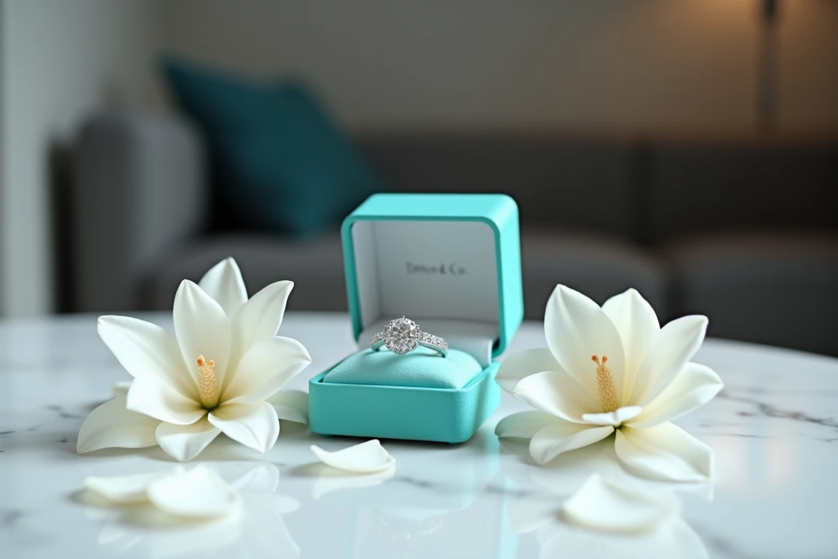 Bague diamant solitaire en argent dans un écrin bleu Tiffany ouvert sur marbre blanc entouré de pétales de gardénia