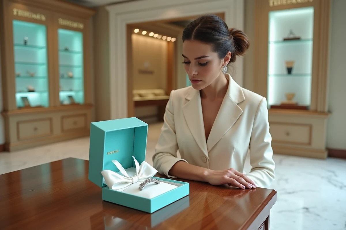 Femme élégante admirant un bracelet argenté dans un écrin bleu Tiffany sur un comptoir en marbre dans une boutique de luxe