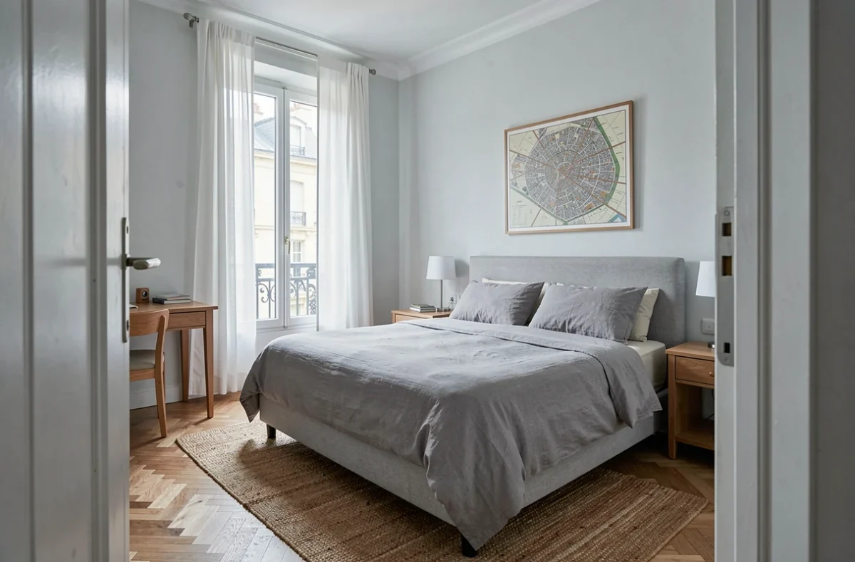 Chambre meublée et décorée avec soin dans une location à Lyon avec parquet clair et vue sur fenêtre