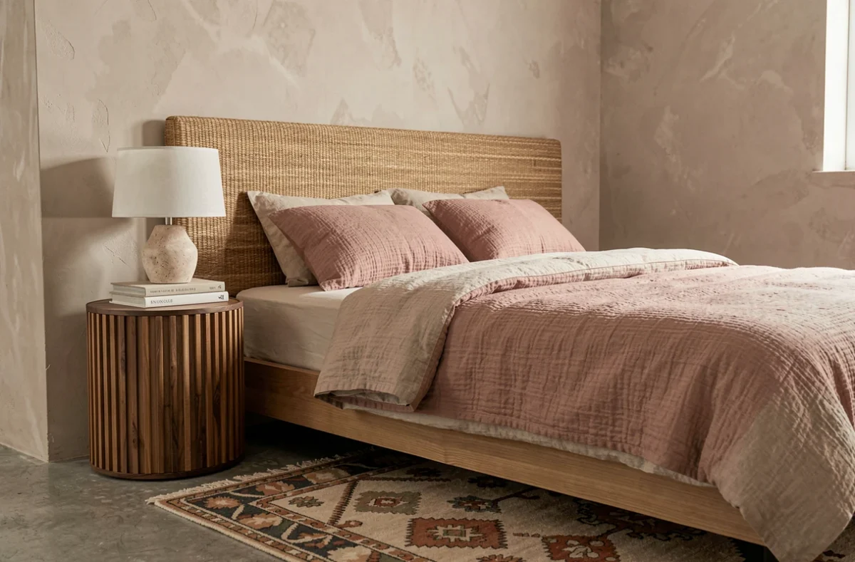 Chambre moderne apaisante avec lit plateforme en lin froissé rose poudré, table de nuit en noyer cannelé, lampe en travertin et mur à la chaux ocre, nouveautés déco tendance