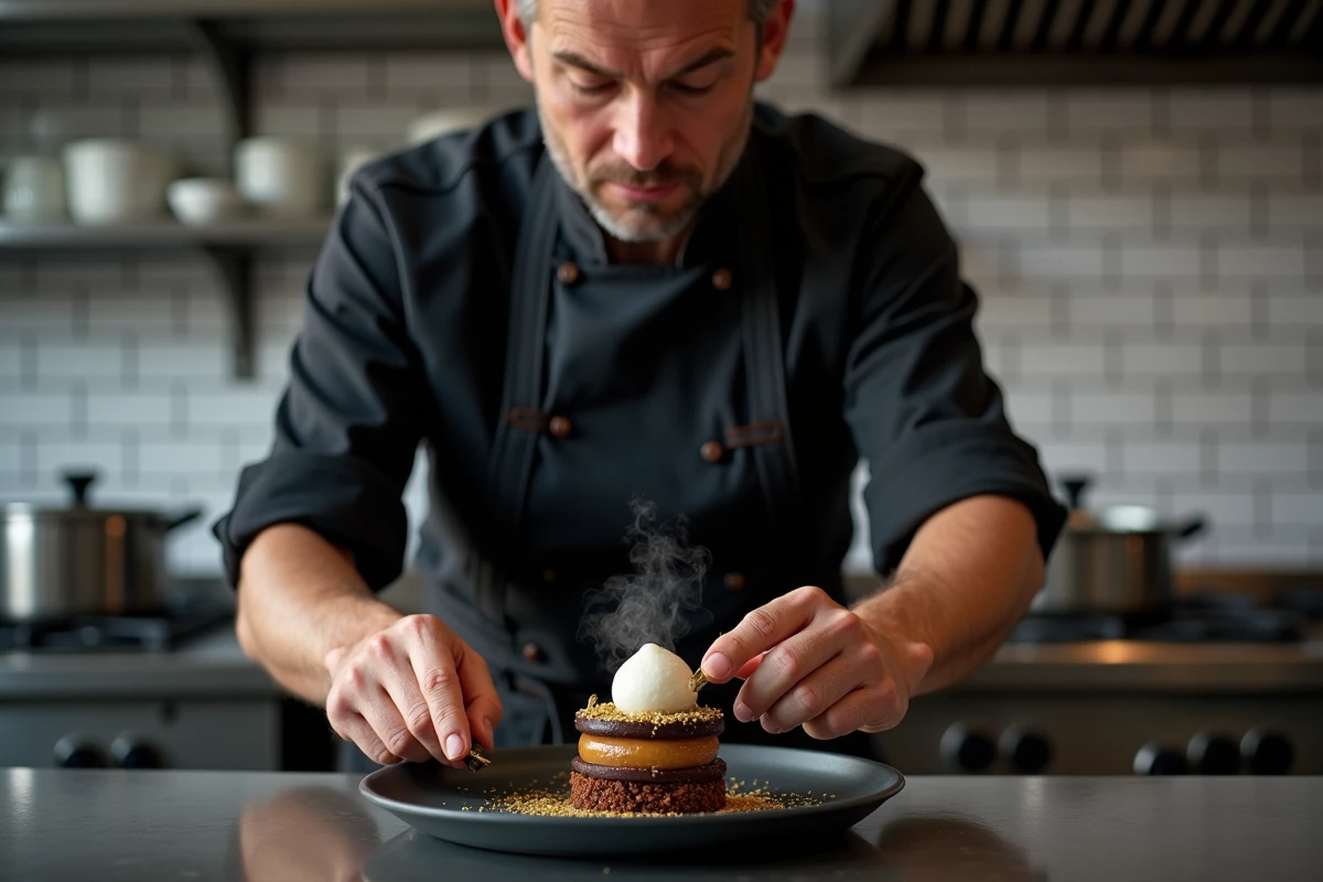 Chef professionnel dressant un dessert au chocolat avec feuille d'or sur une assiette en céramique noire dans une cuisine de restaurant moderne