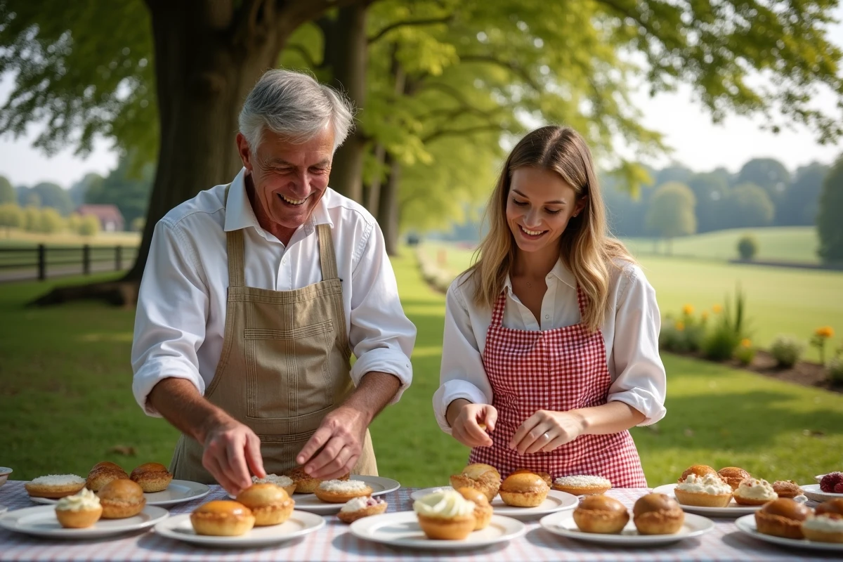 Deux concurrents rient en disposant des tartes en plein air