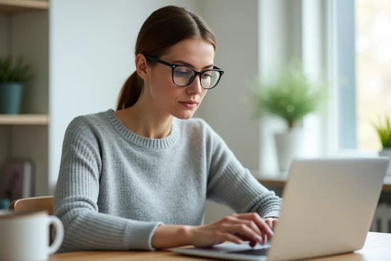 Femme connectée à son espace personnel Arkevia sur un ordinateur portable dans un bureau à domicile