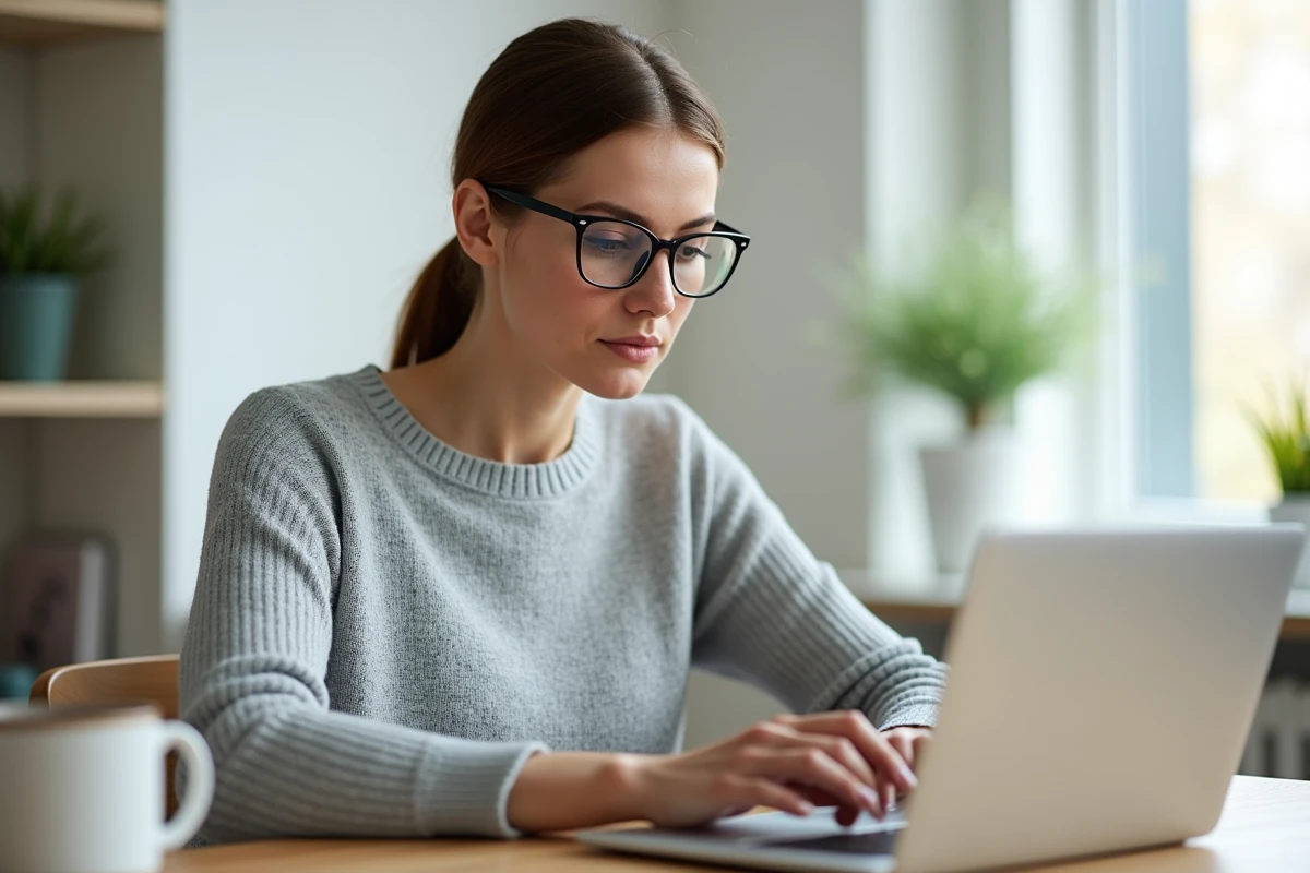 Femme connectée à son espace personnel Arkevia sur un ordinateur portable dans un bureau à domicile