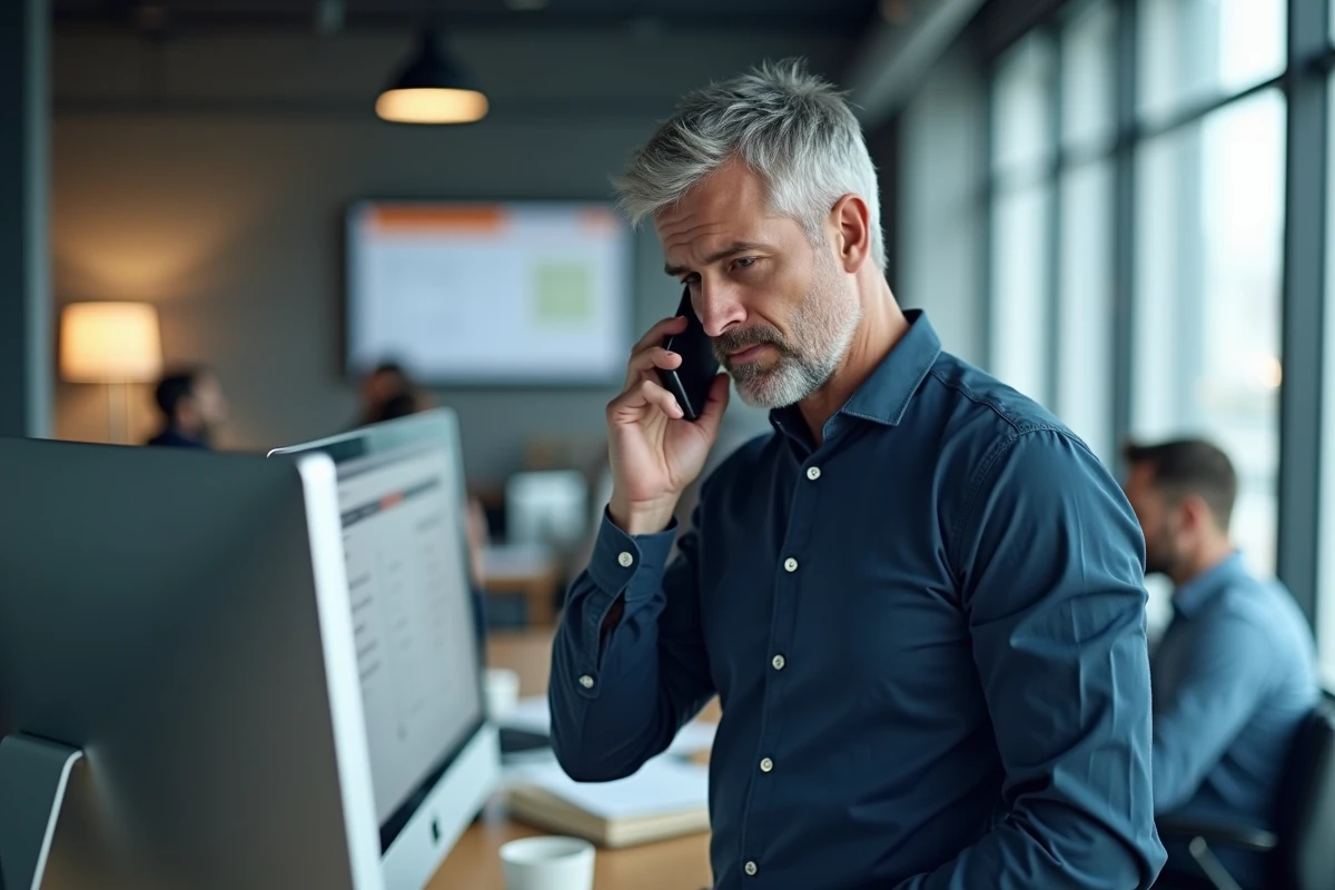 Homme en entreprise contactant le support téléphonique Arkevia depuis son poste de travail