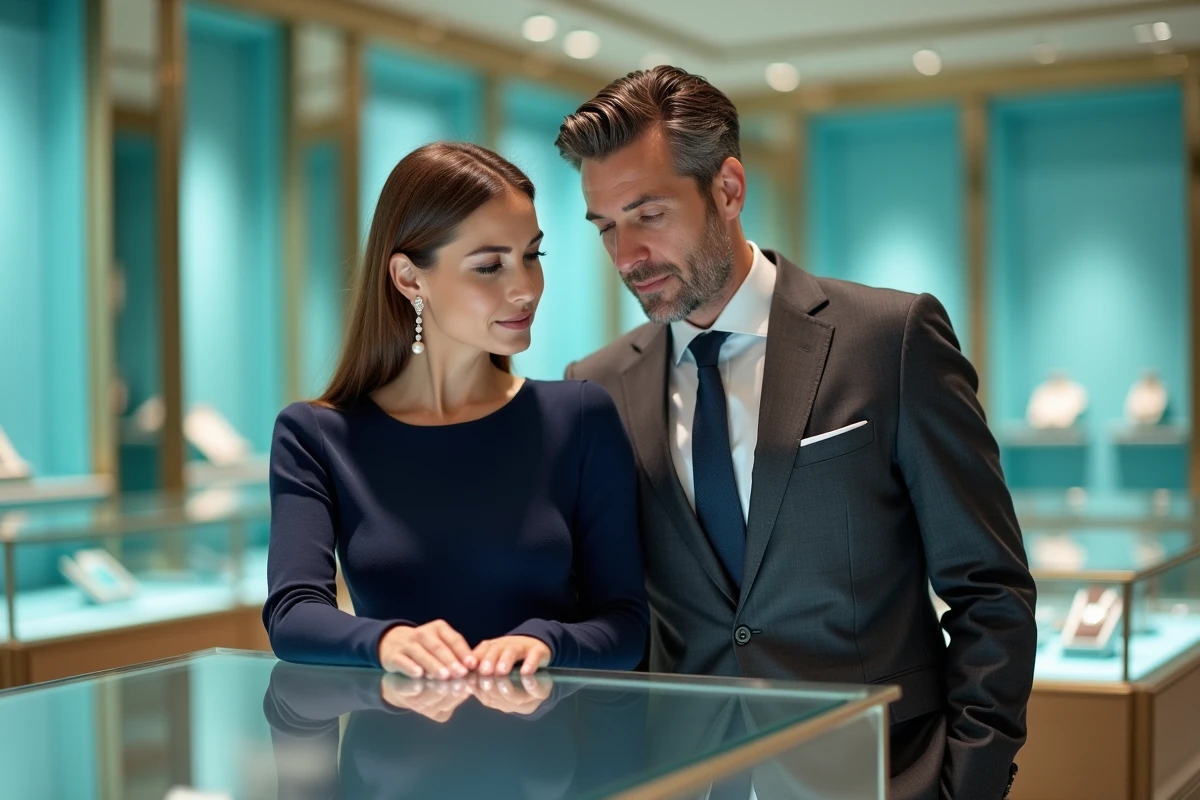 Couple élégant en train d'admirer des bijoux dans une vitrine de la boutique flagship Tiffany and Co avec décor bleu iconique