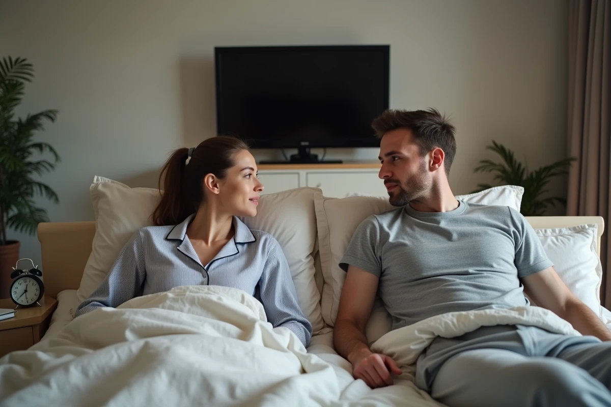 Couple en pyjama discutant dans leur chambre avec la télévision éteinte avant de dormir