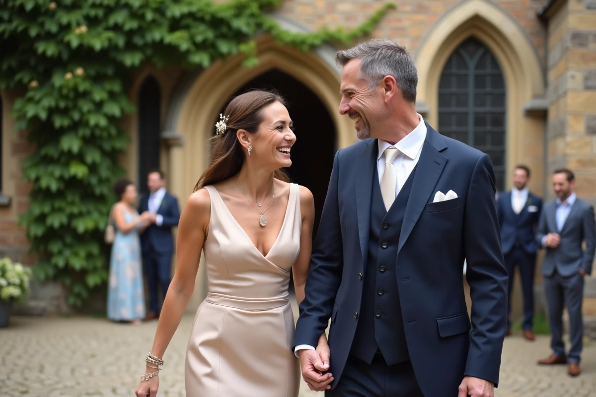 Couple de mariés riant devant une église en pierre lors d'une cérémonie de mariage en France