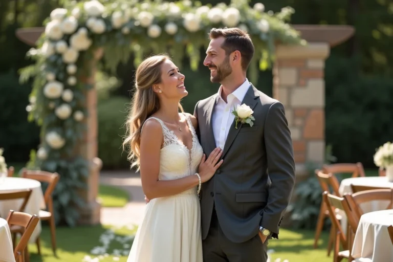 Couple de mariés souriant sous une arche fleurie en pierre dans un jardin élégant lors de leur mariage