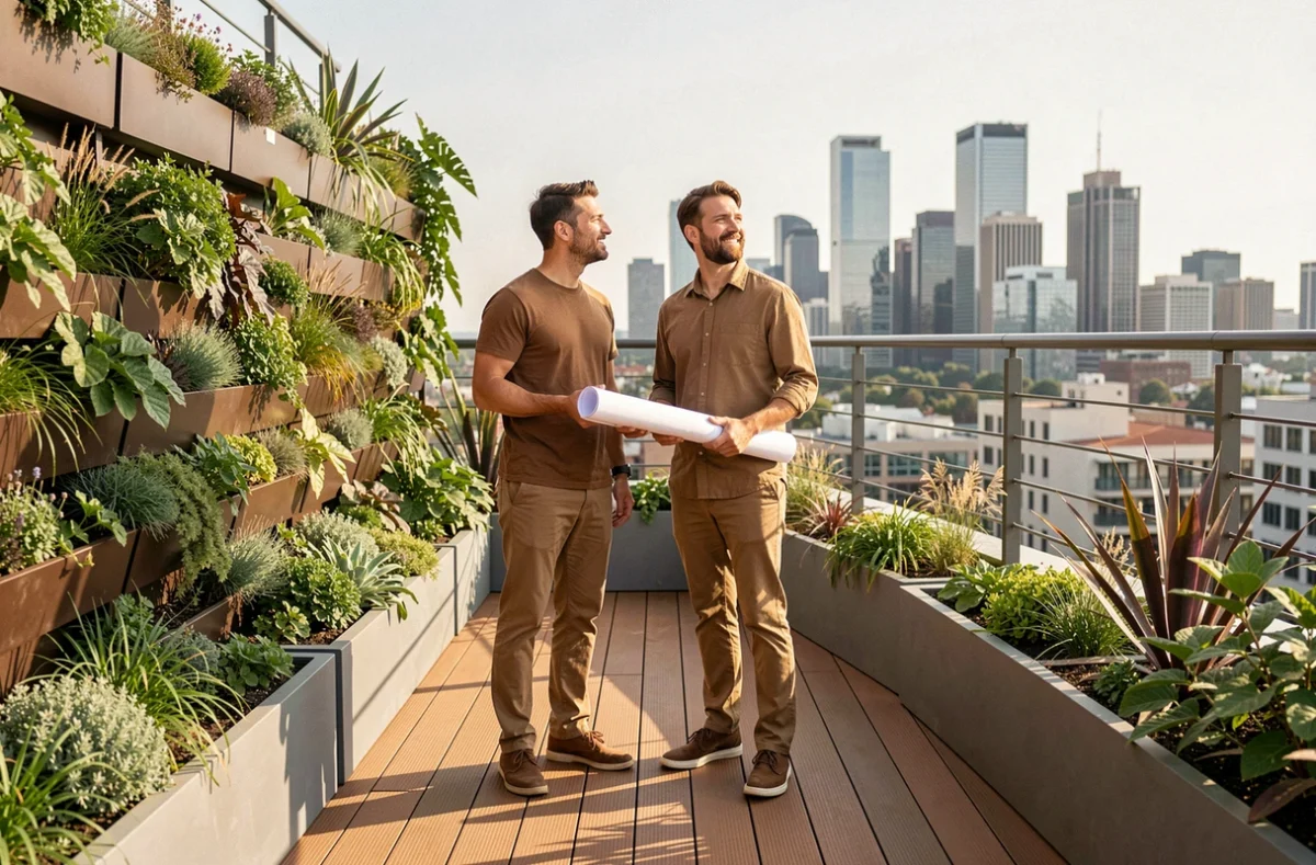 Couple sur terrasse végétalisée urbaine avec jardin vertical et décoration extérieure tendance habitat contemporain