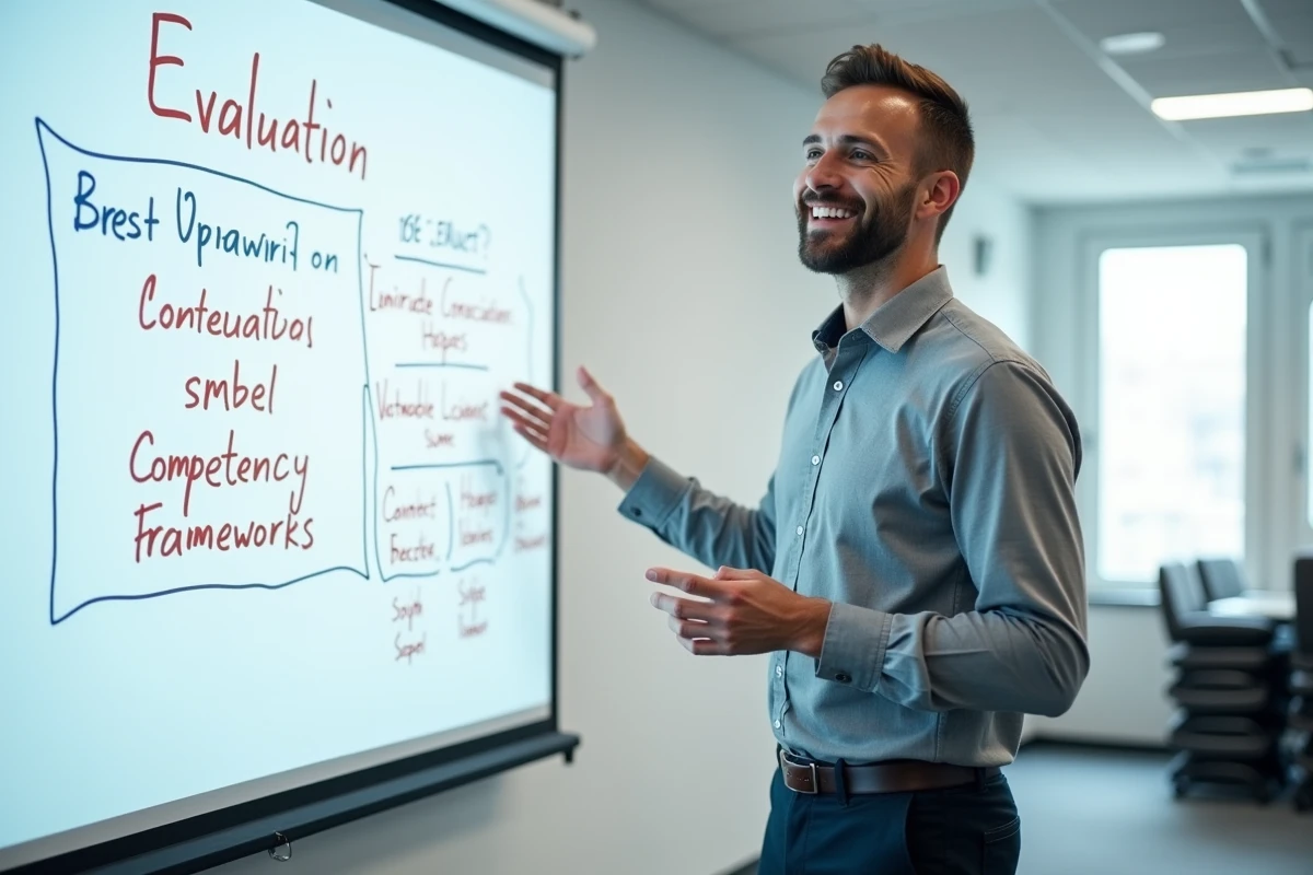 Formateur expliquant les critères d'évaluation d'un titre professionnel devant un tableau blanc dans un centre de formation
