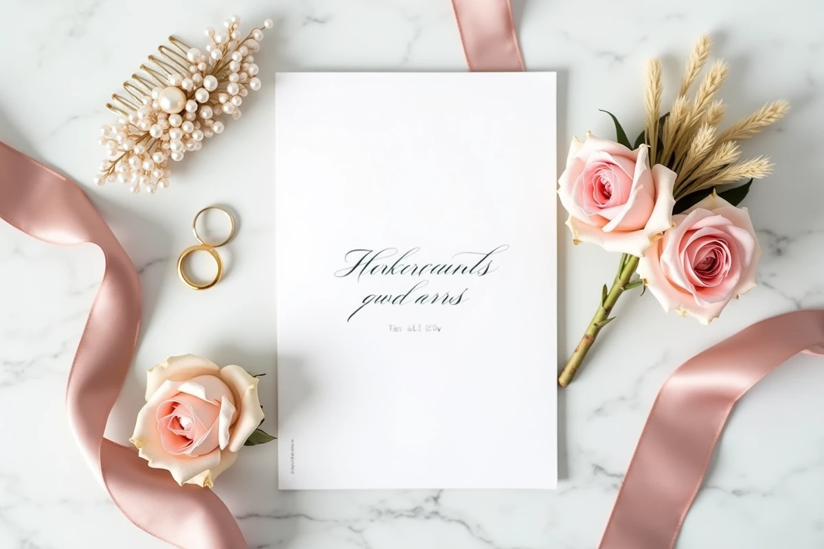 Flat lay de détails de mariage avec faire-part calligraphié, alliances dorées et bouquet de roses sur marbre blanc