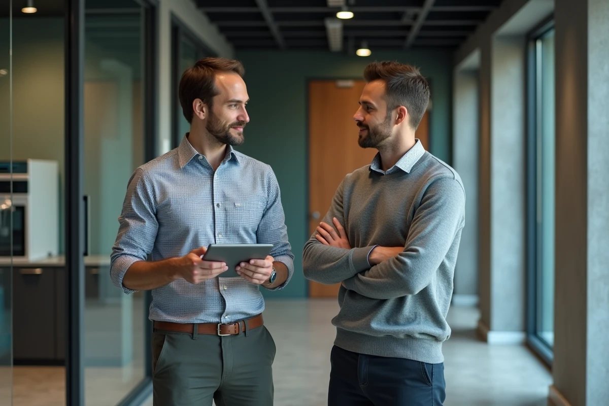 Deux collègues masculins en discussion informelle dans un couloir de bureau moderne avec tablette numérique, illustrant la communication interpersonnelle en entreprise