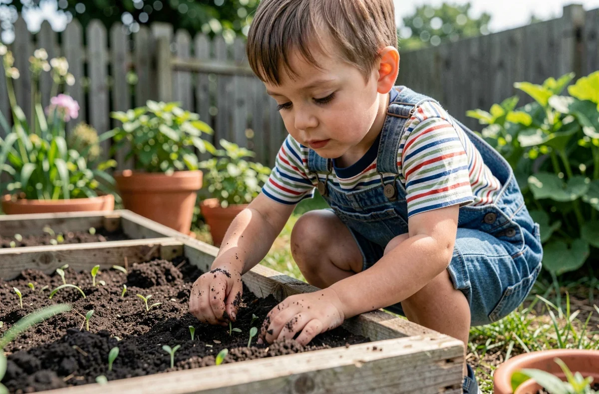Enfant en bas âge plantant des graines dans un potager en bois dans un jardin résidentiel, activité d'éveil à la nature