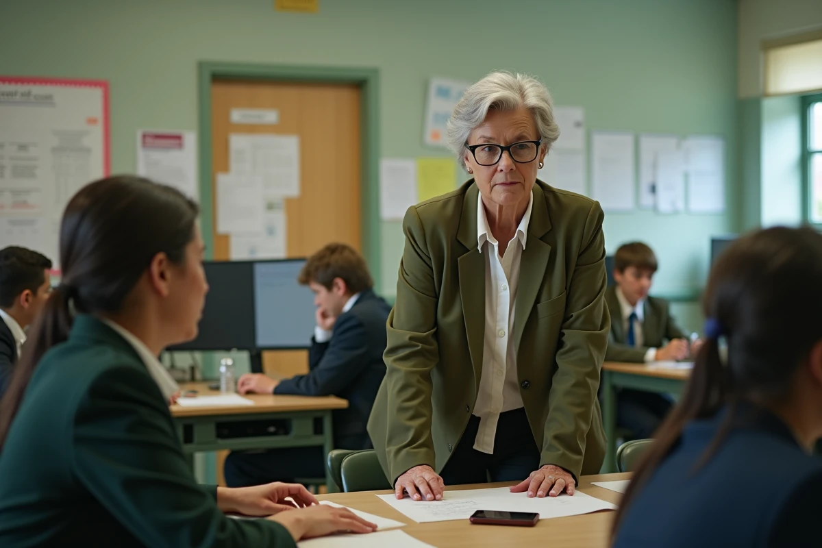 Enseignante senior consultant les paramètres de signature professionnelle sur la messagerie académique dans une salle des professeurs