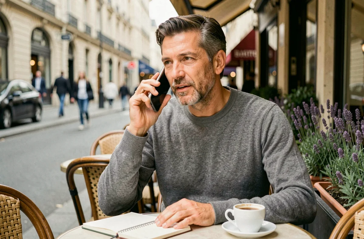 Entrepreneur en télétravail passant un appel vidéo professionnel en terrasse de café parisien avec carnet de notes