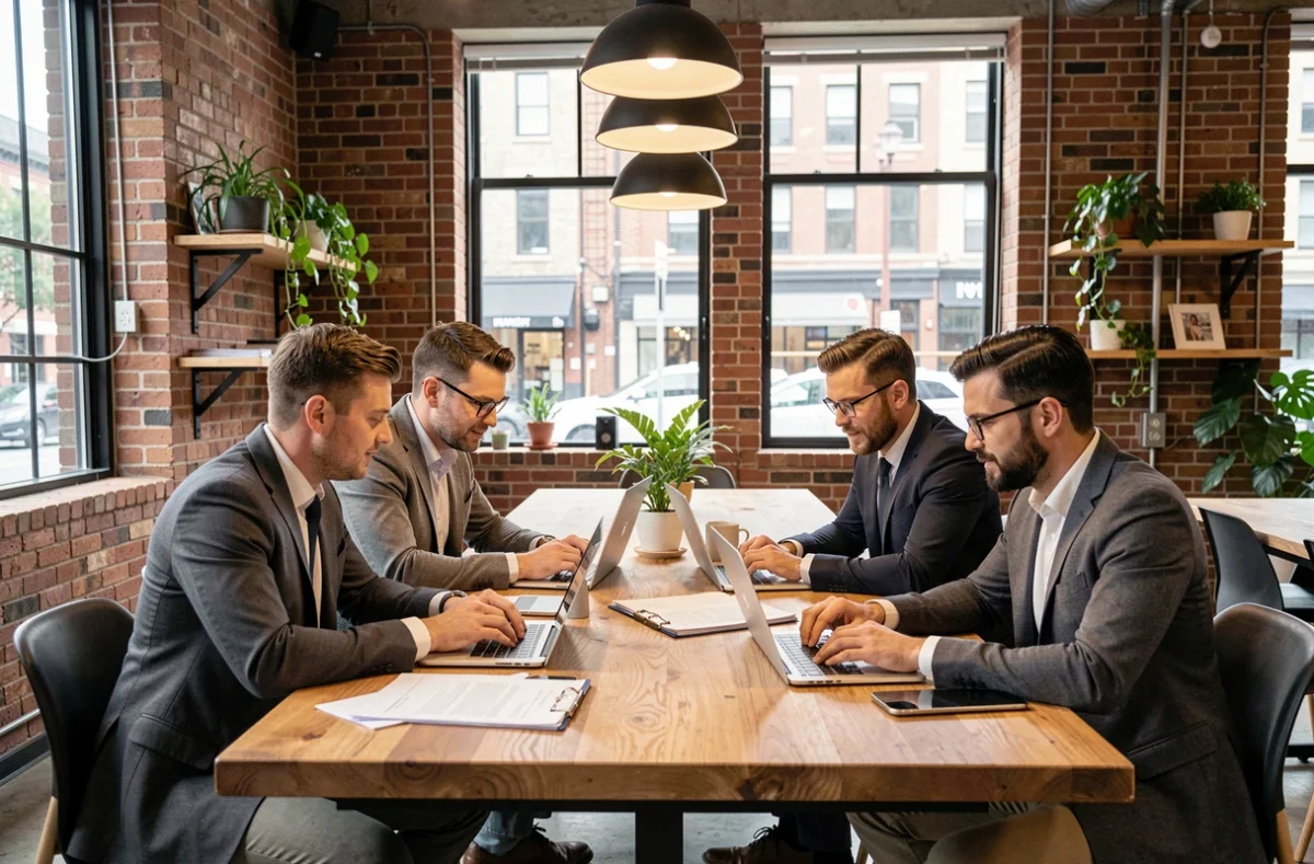 Groupe d'entrepreneurs collaborant autour d'une table dans un espace de coworking moderne avec atmosphère créative