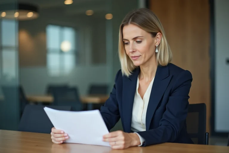 Femme professionnelle analysant un document de certification de titre professionnel dans une salle de réunion moderne