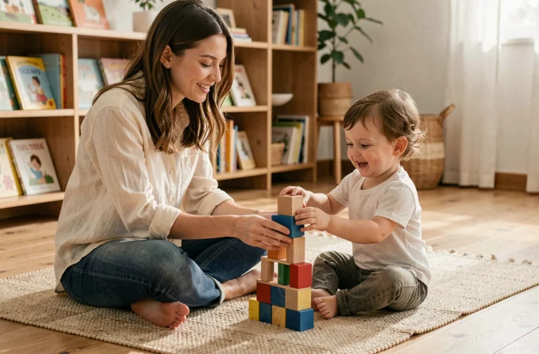 Jeune femme accompagnant un tout-petit dans un jeu d'éveil avec des cubes en bois colorés sur un parquet en bois naturel