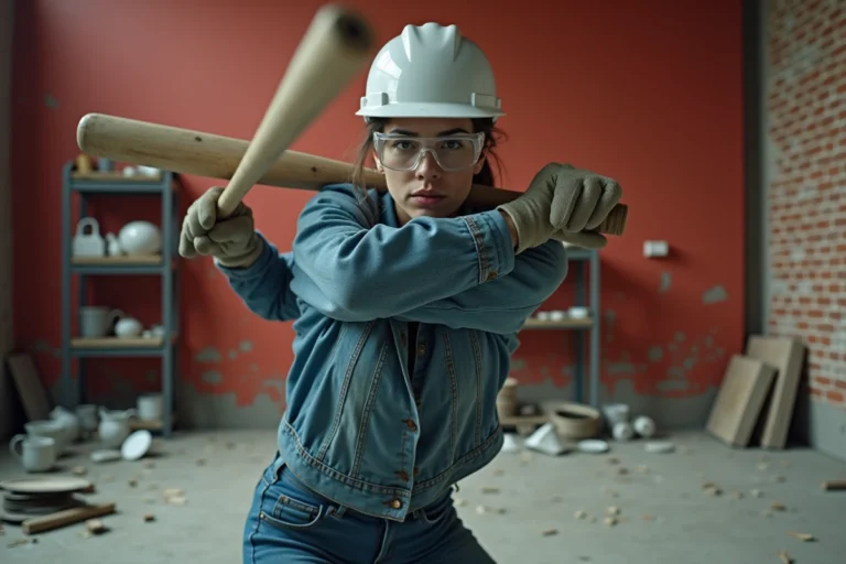 Femme en train de frapper avec une batte dans une salle de défoul box à Lyon, casque de protection et lunettes de sécurité