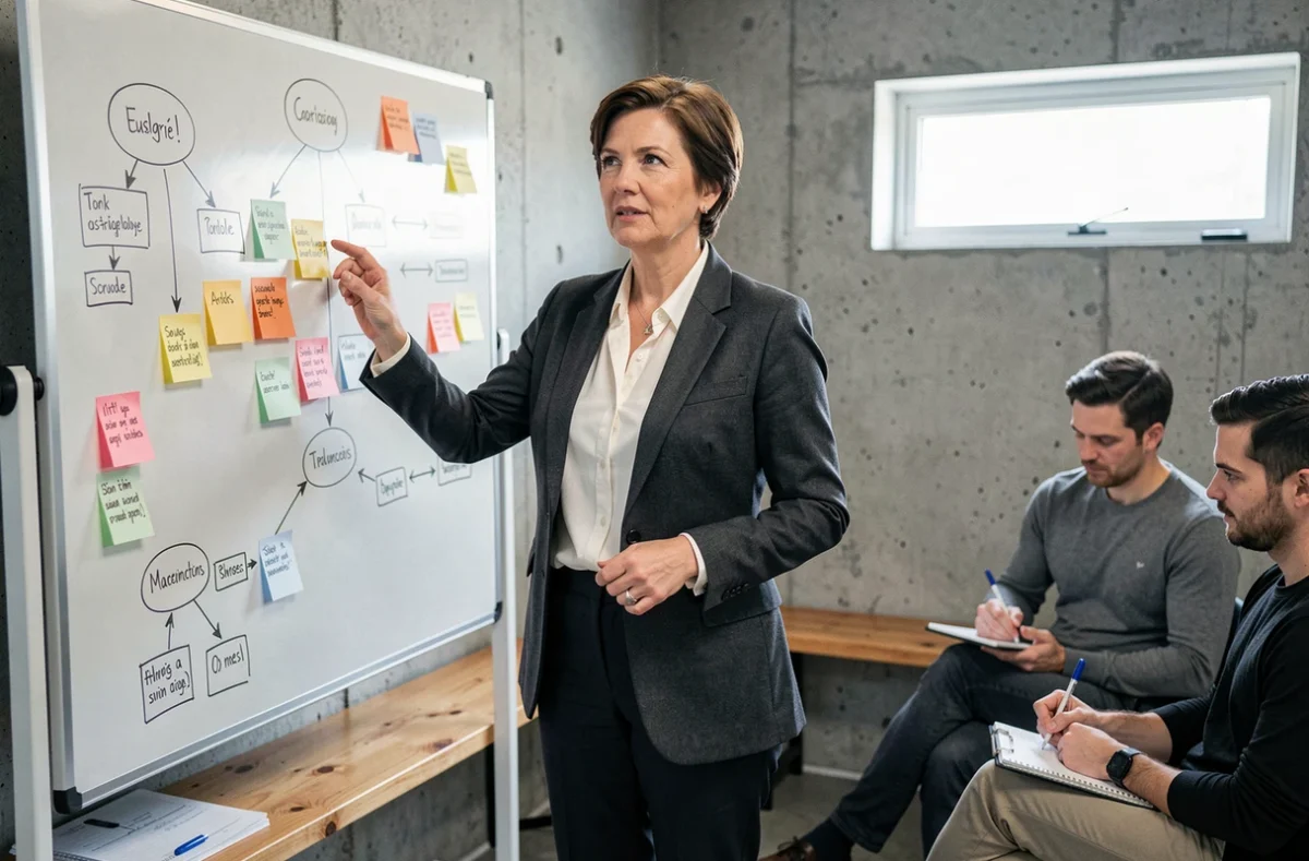 Femme cadre facilitant un atelier de développement organisationnel devant un tableau blanc avec des schémas de processus et des diagrammes de culture d'entreprise