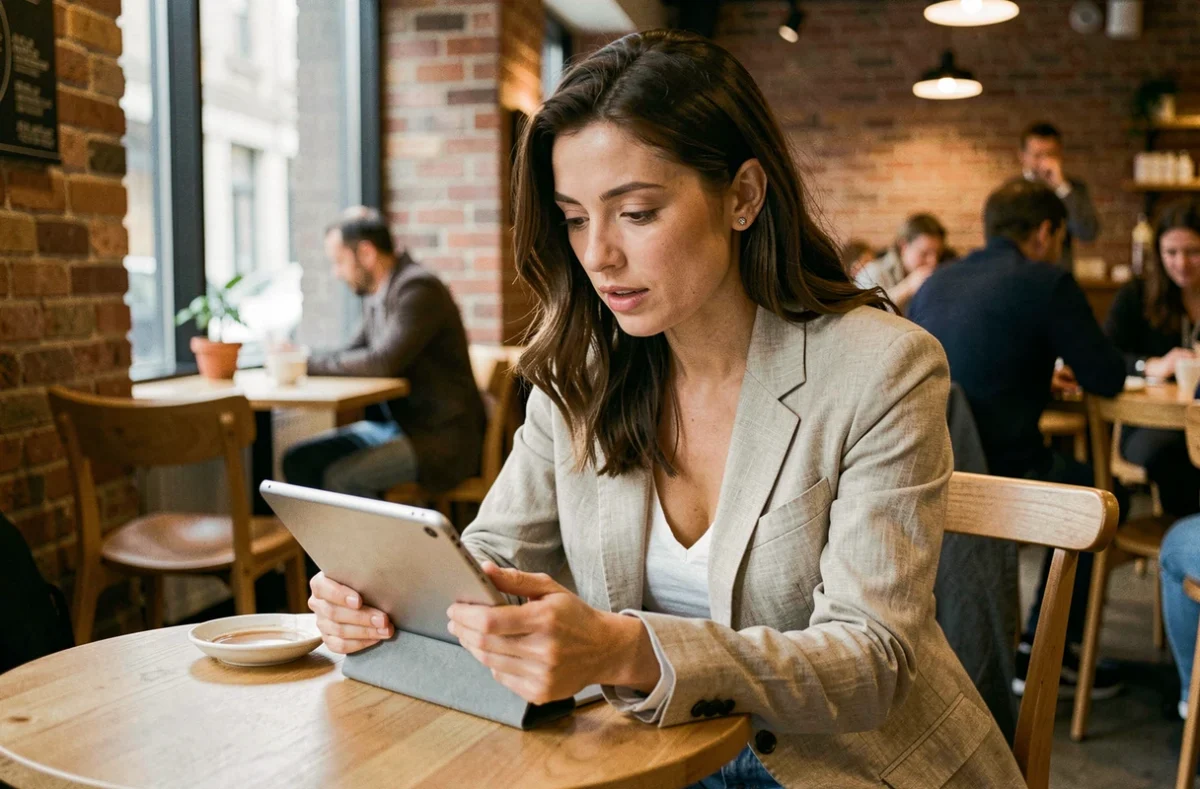 Femme parcourant les dernières actualités sur une tablette dans un café moderne et tendance