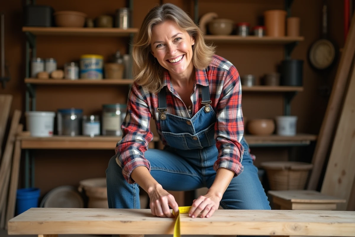 Femme mesurant une planche en bois dans un atelier cosy