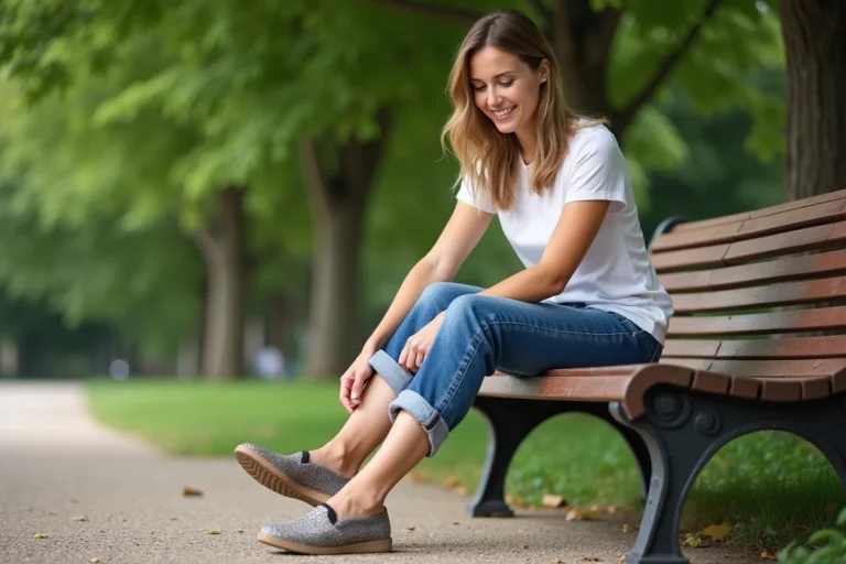 Femme assise sur un banc en parkant avec chaussures confort