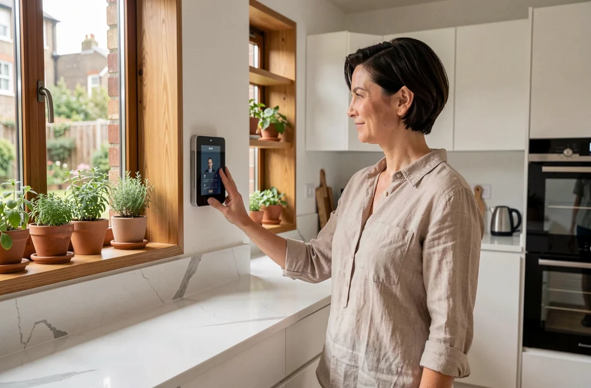Femme dans une cuisine moderne avec panneau de contrôle intelligent et équipements connectés tendance habitat