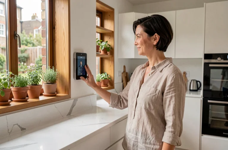 Femme dans une cuisine moderne avec panneau de contrôle intelligent et équipements connectés tendance habitat