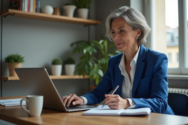 Femme française en blazer bleu travaillant à son bureau