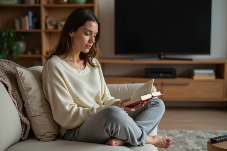 Femme lisant un livre sur un canapé avec la télévision éteinte en arrière-plan