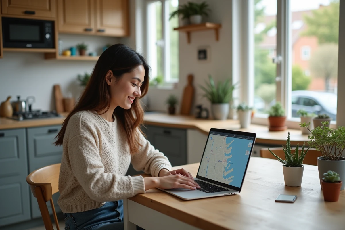 Jeune femme utilisant un ordinateur dans une cuisine chaleureuse