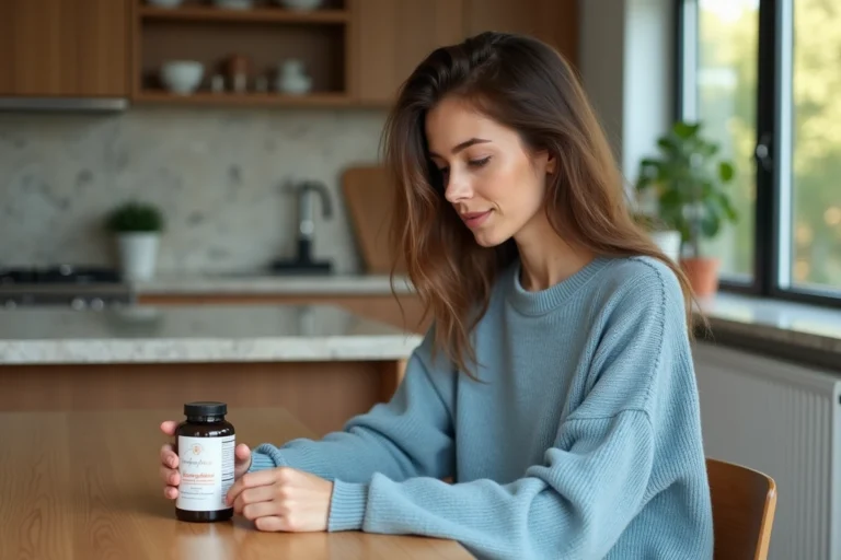 Jeune femme lisant une étiquette de compléments capillaires dans une cuisine lumineuse