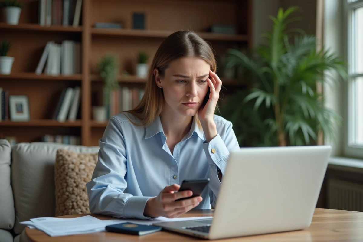 Femme au travail à domicile avec smartphone et documents