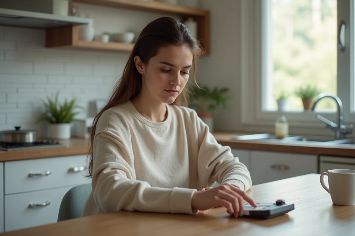 Jeune femme appuyant un badge sur un clavier de cuisine