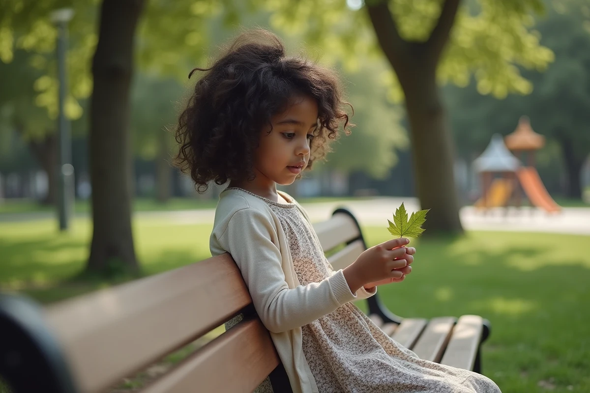 Fille de dix ans assise dans un parc avec une feuille à la main