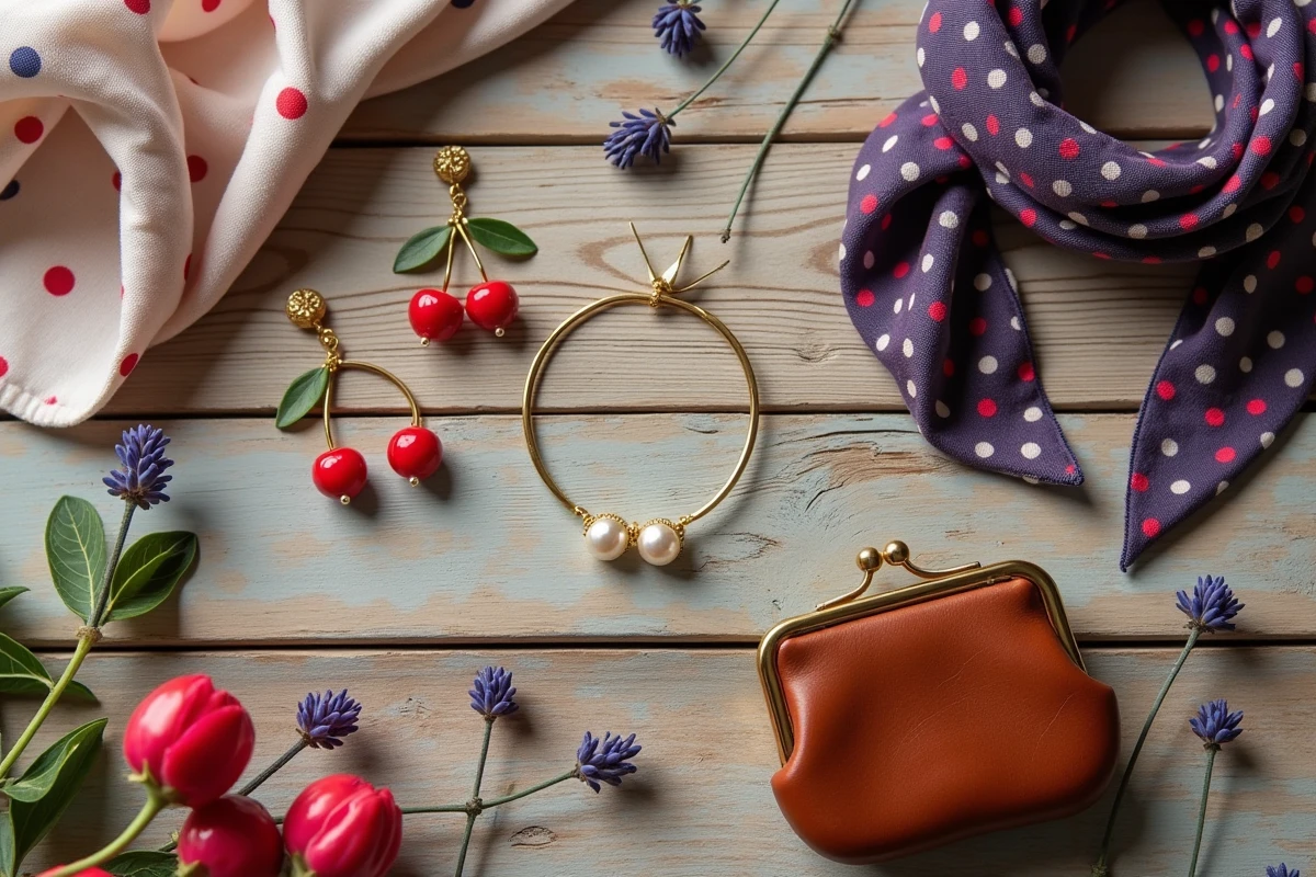 Flat lay d'accessoires féminins style guinguette rétro boucles d'oreilles cerises foulard soie et bracelet doré