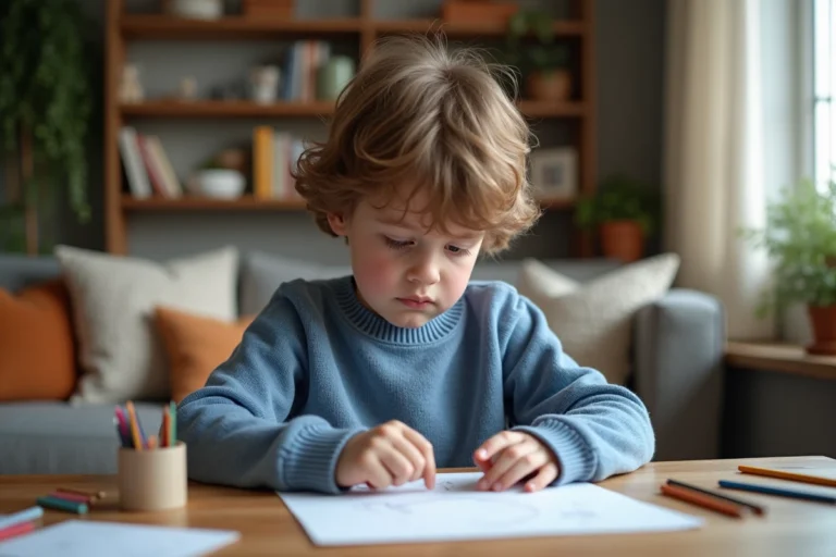 Garçon de sept ans avec dessin dans la main dans un salon chaleureux