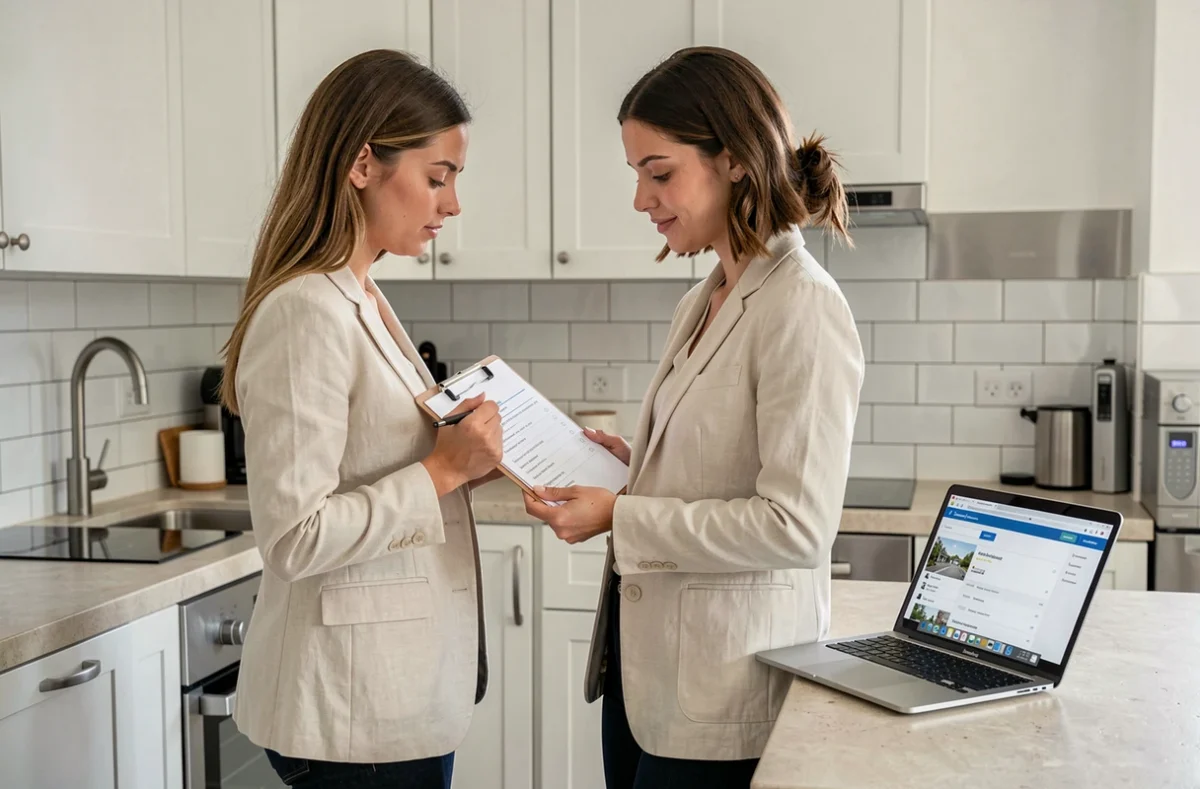 Propriétaire gérant sa location meublée à Lyon avec checklist et ordinateur portable dans une cuisine moderne