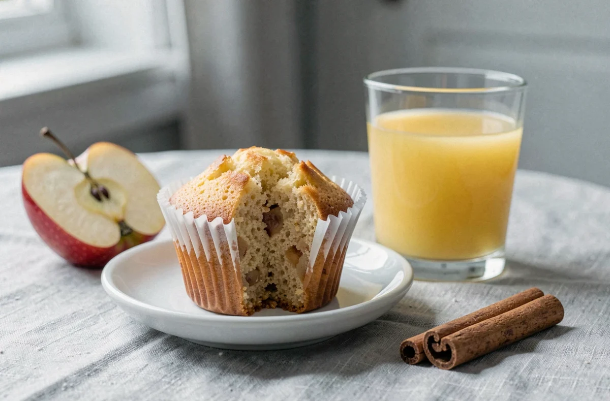 Gros plan d'un muffin aux pommes moelleux sur assiette blanche avec jus de pomme et bâton de cannelle, recette maison inspirée de Cyril Lignac