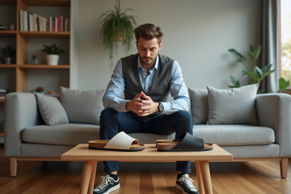 Jeune homme compare deux paires de sandales confort